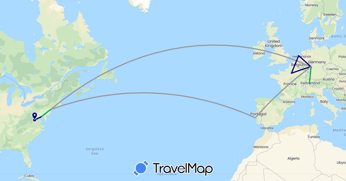 TravelMap itinerary: driving, bus, plane, train in Switzerland, Germany, France, Ireland, Netherlands, Portugal, United States (Europe, North America)